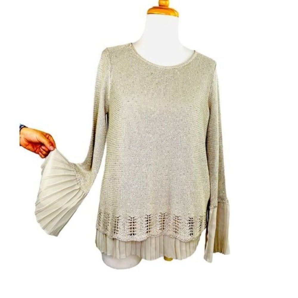 Anthropologie Sioni Studio Sequined Sweater Layered Bell Pleated Sleeves Size S - Picture 2 of 11
